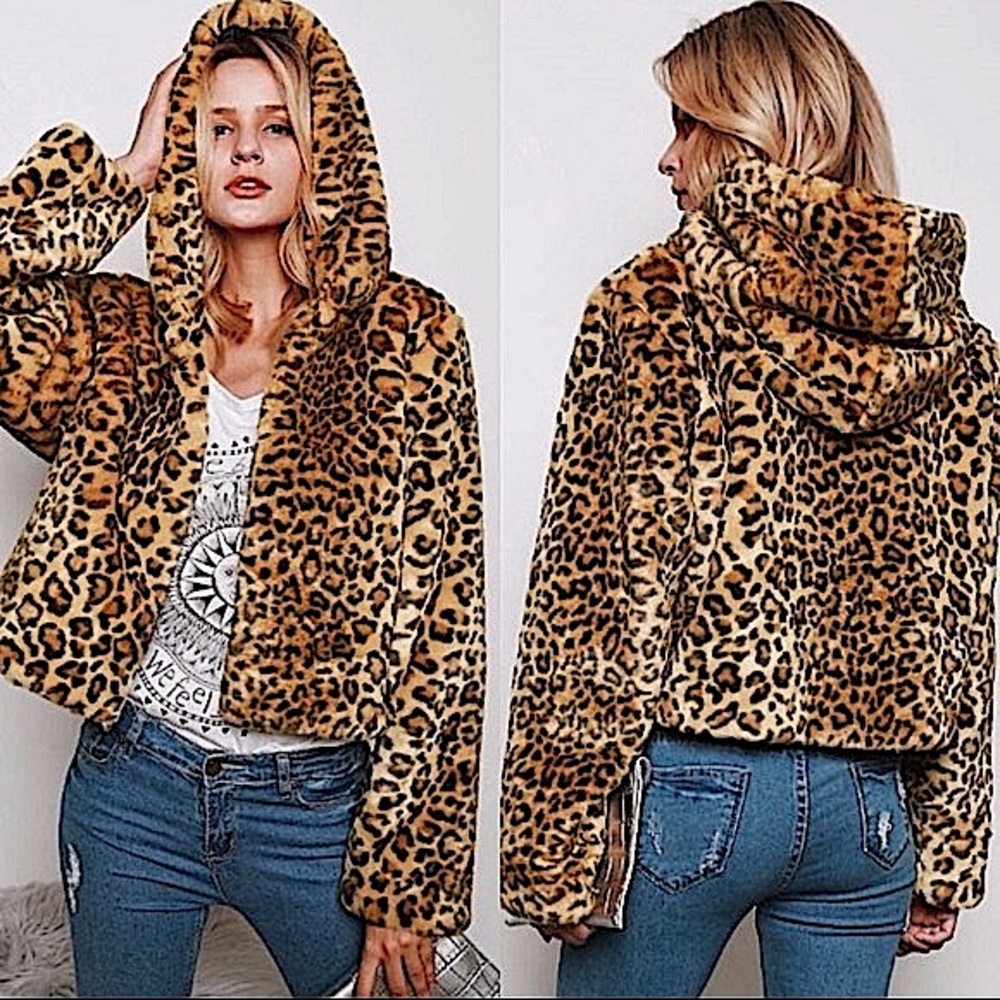 Leopard Print Faux Fur Hooded Jacket